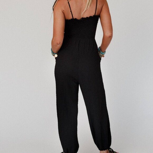 New! THREE BIRD NEST Perfect Timing Textured Jumpsuit Black Size Small - Picture 2 of 5